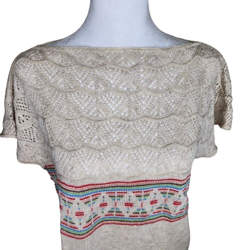 Vintage 1980s Filigree Boat Neck Cap Sleeve Sweater Womens Size L Ivory Cream